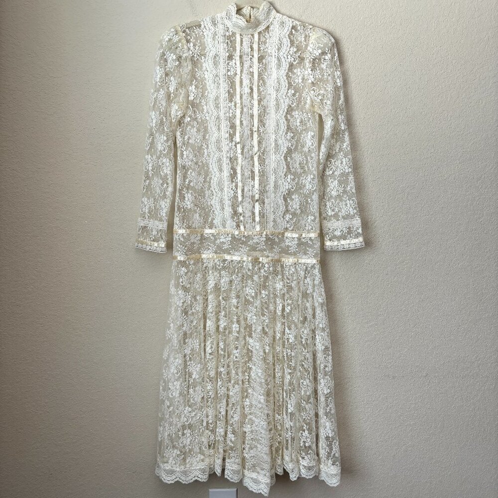 Gunne Sax by Jessica McClintock Vintage 80's Lace Drop Waist Bridal Midi Dress